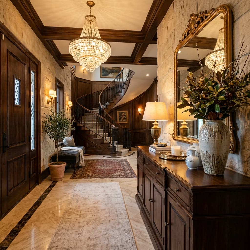 Hall de entrada luxuoso com aparador e vasos decorativos